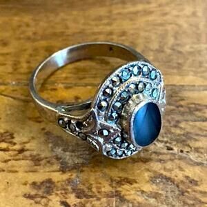 Vintage Sterling Silver Onyx & Marcasite Deco Revival Ring – 1980s Neiman Marcus